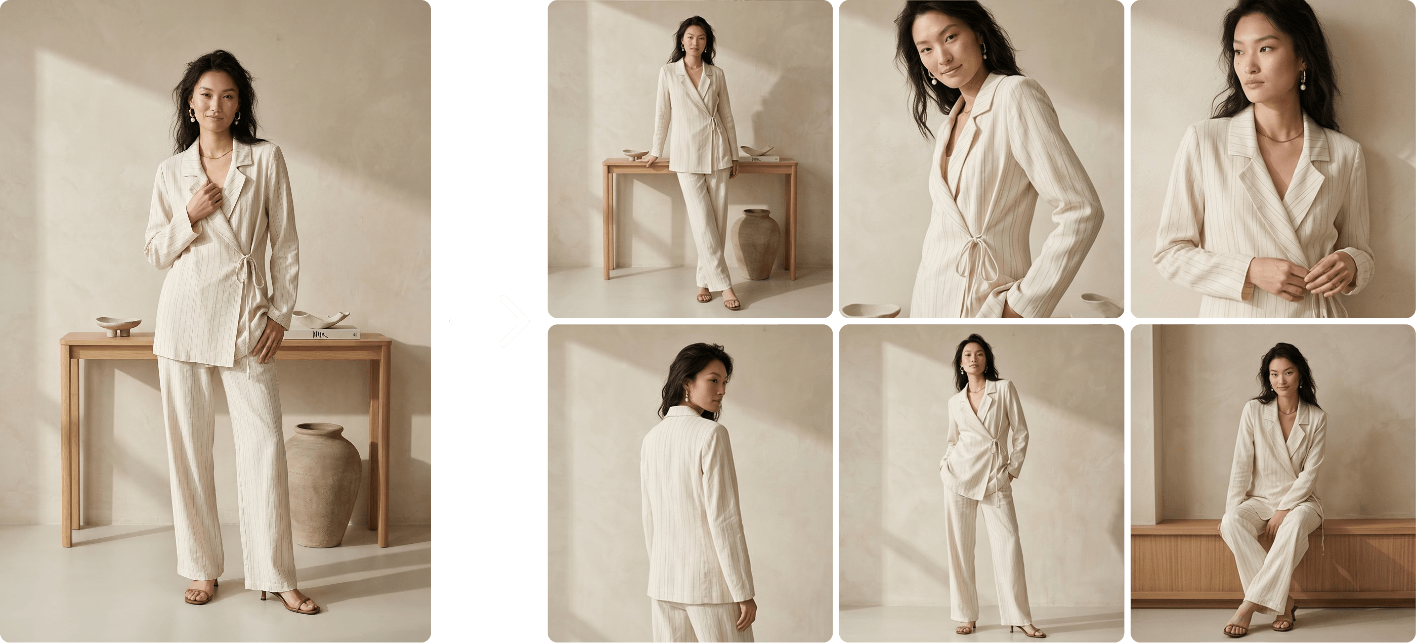 AI model photoshoot showing multi-angle poses generated from a single clothing product flat lay using Modelfy
